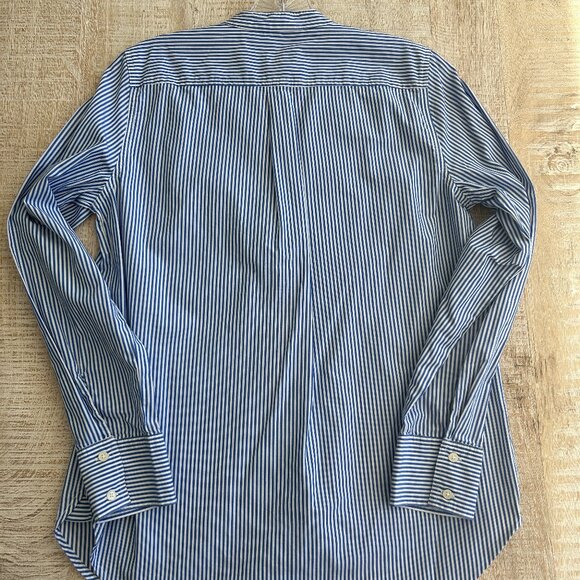 J. Crew blue/white pin-stripe pleated ruffle bib button down top blouse Sz small - Picture 2 of 6